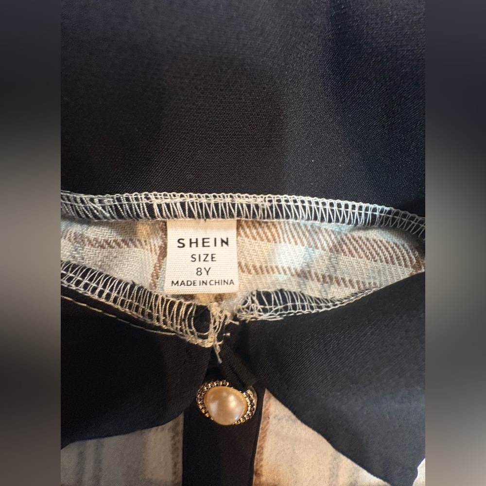 (B3)‎ SHEIN Girls Cream Black Plaid Bow Statement Jacket Top 8Y - Picture 7 of 10